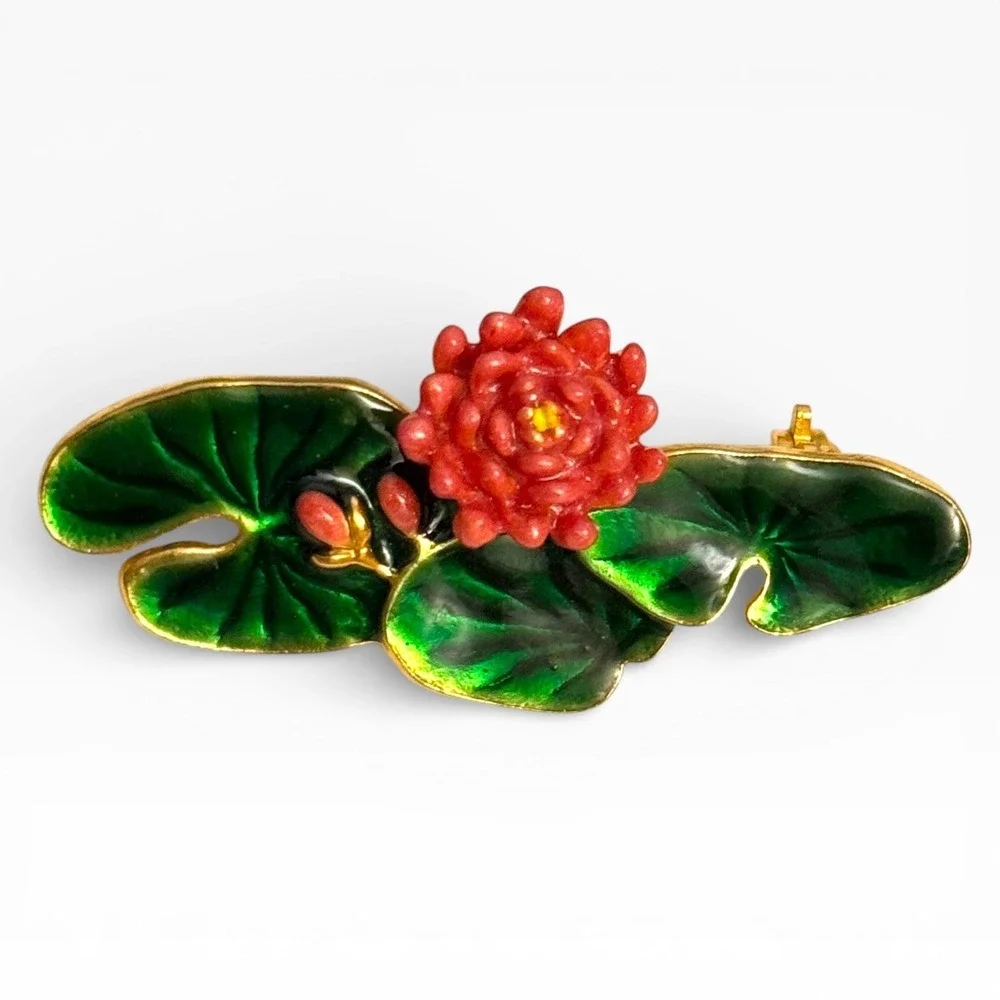 Vintage MFA Enamel‎ Lily Pad & Lotus Brooch Monet Water Lilies Inspired Signed